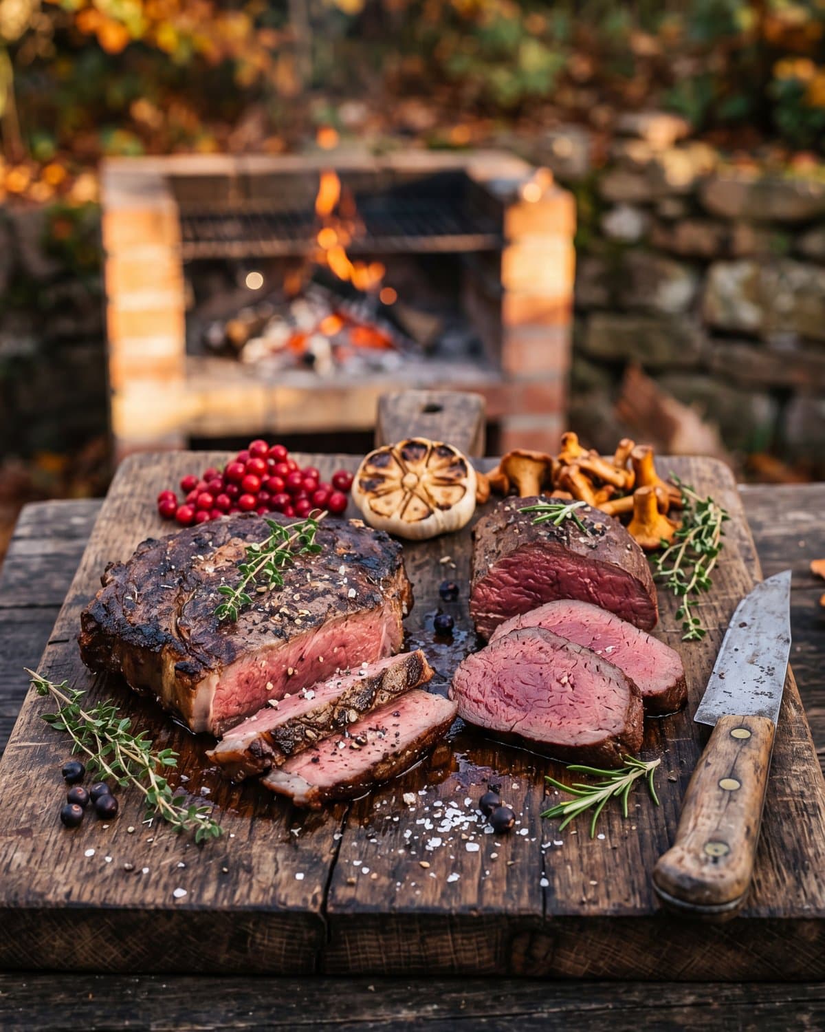 Rind und Wildschulter mit Pfifferlingen und Preiselbeeren am Holzofen — Wild & Rind Grillkurs Special