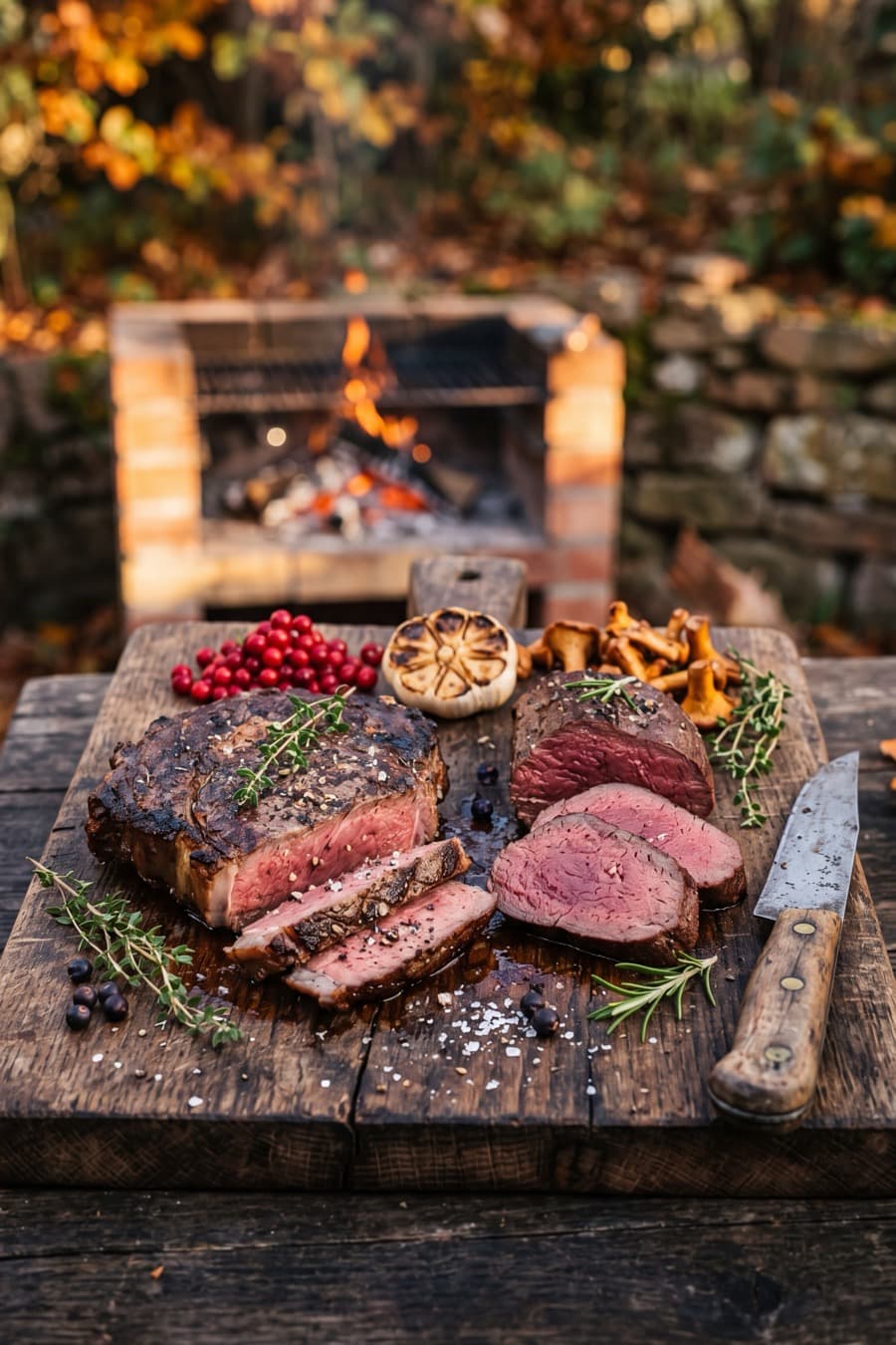 Rind und Wildschulter mit Pfifferlingen und Preiselbeeren am Holzofen — Wild & Rind Grillkurs Special
